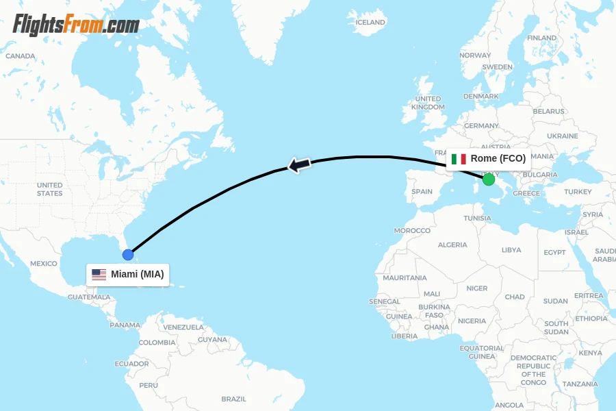 Flights from Rome to Miami route map