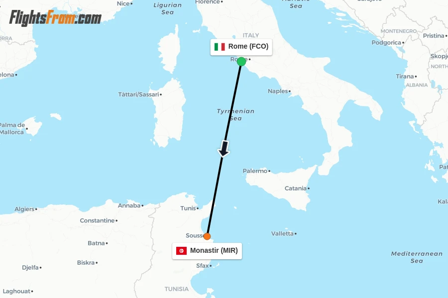 Flights from Rome to Monastir route map