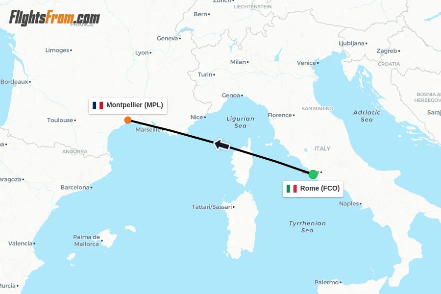 Flights from Rome to Montpellier route map