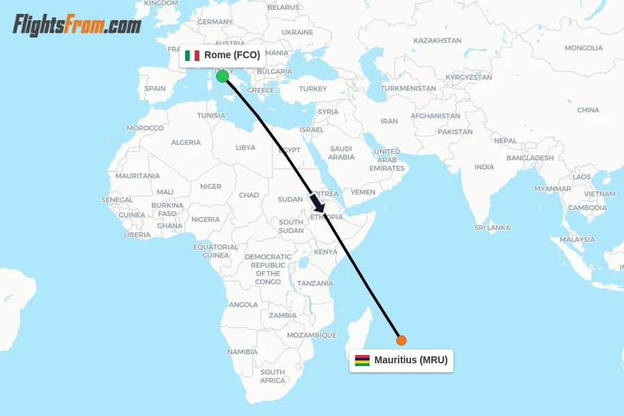 Flights from Rome to Mauritius route map