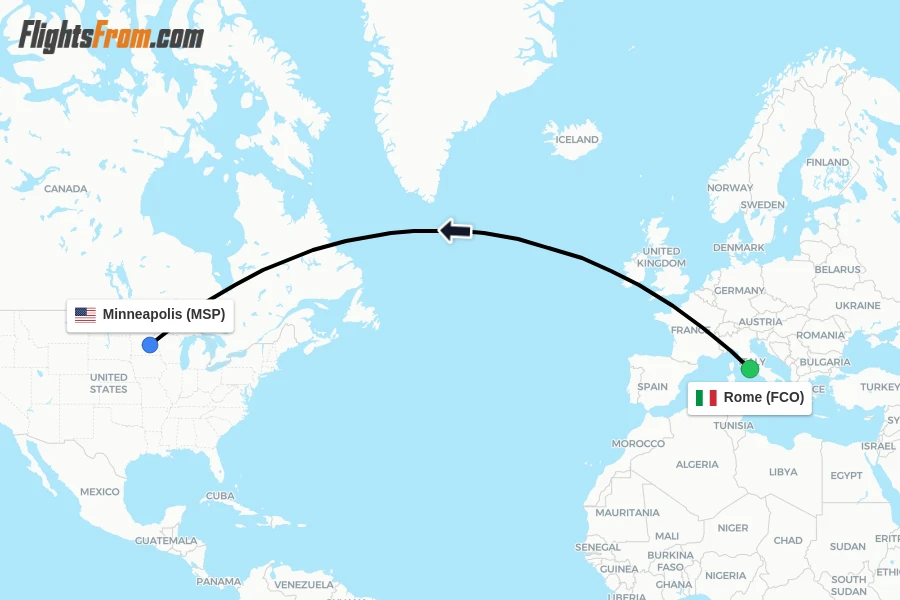 Flights from Rome to Minneapolis route map
