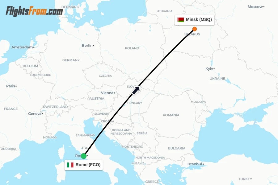 Flights from Rome to Minsk route map