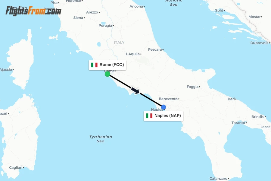 Flights from Rome to Naples route map