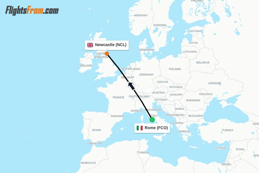 Flights from Rome to Newcastle route map