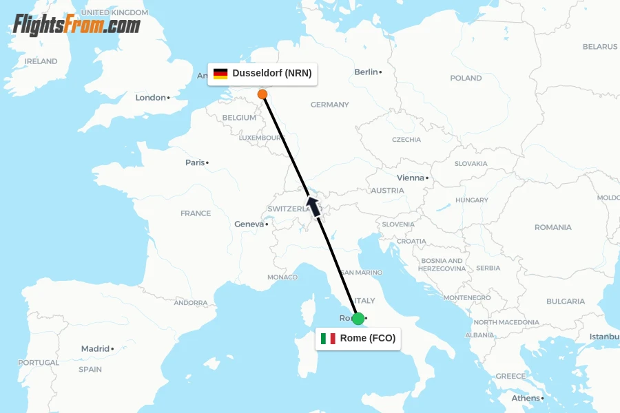 Flights from Rome to Dusseldorf route map