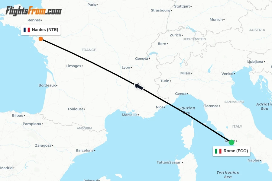 Flights from Rome to Nantes route map