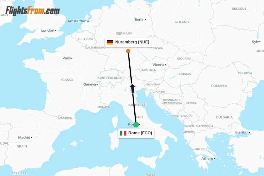 Flights from Rome to Nuremberg route map