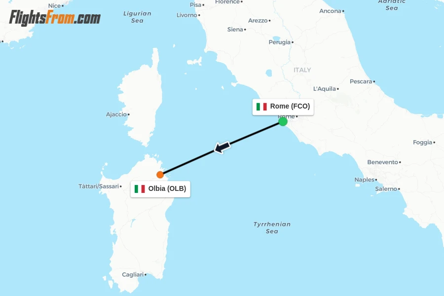 Flights from Rome to Olbia route map