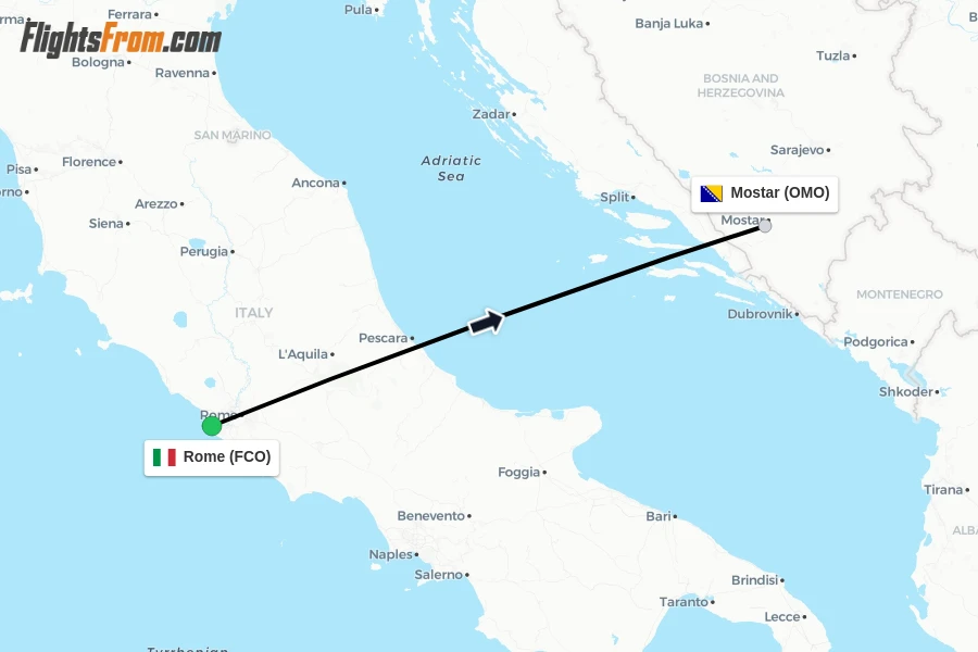 Flights from Rome to Mostar route map
