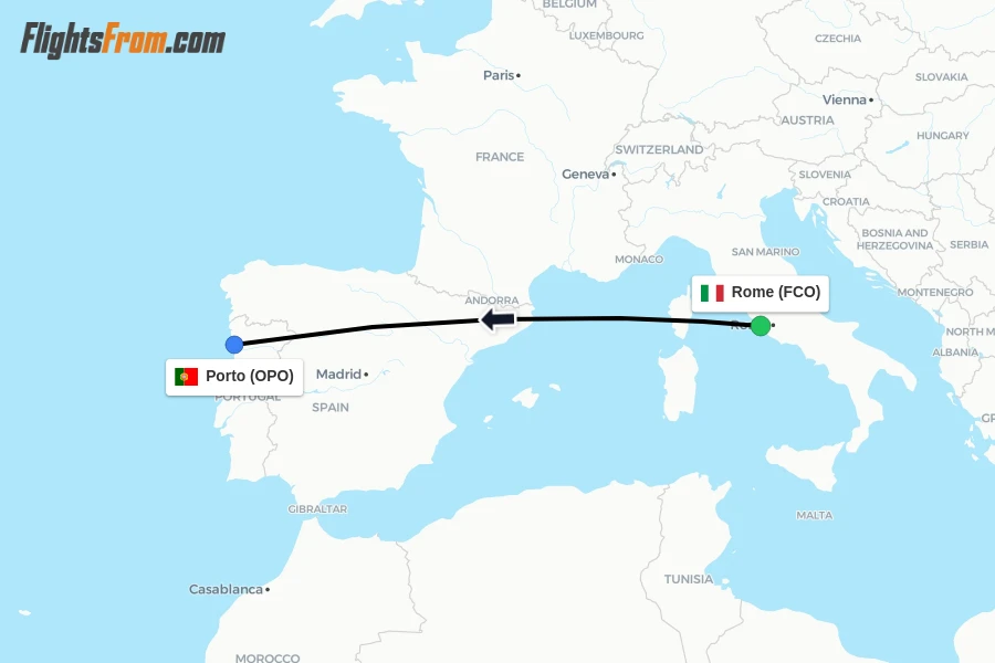 Flights from Rome to Porto route map
