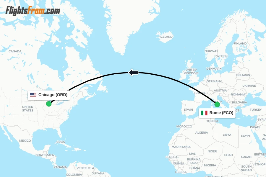 Flights from Rome to Chicago route map