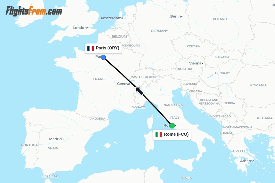 Flights from Rome to Paris route map
