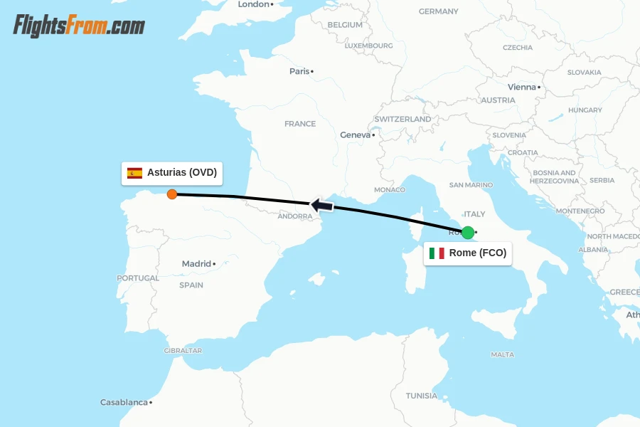 Flights from Rome to Asturias route map