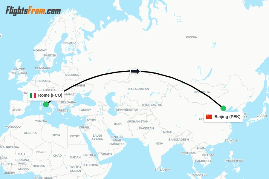Flights from Rome to Beijing route map