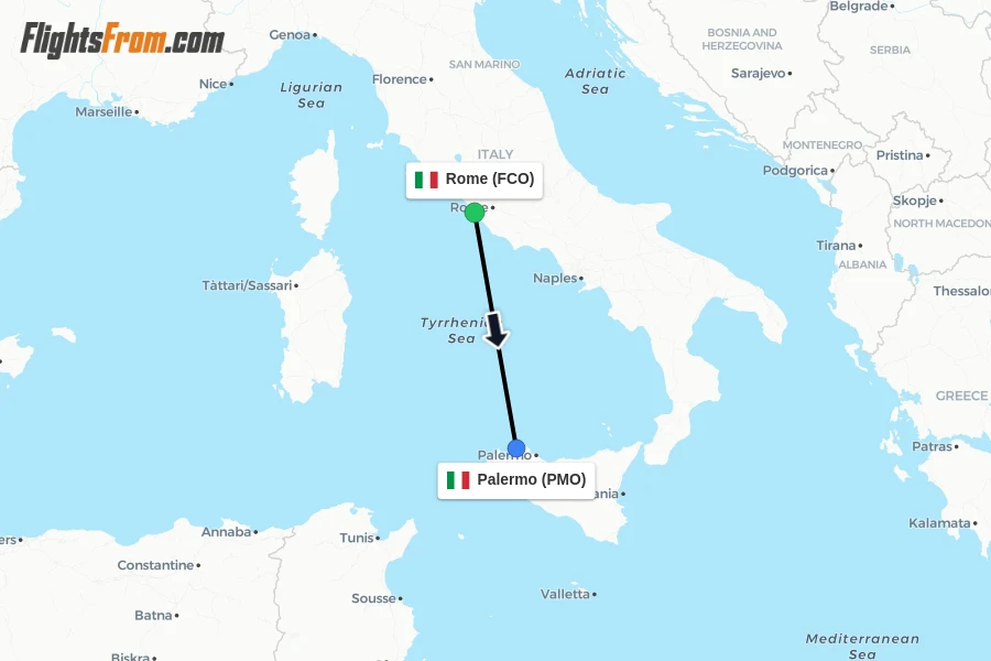 Flights from Rome to Palermo route map