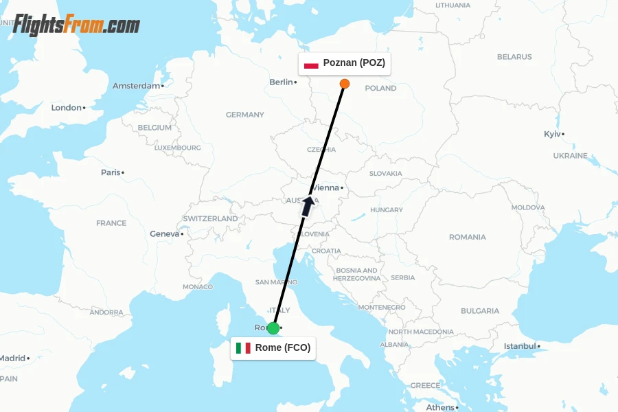 Flights from Rome to Poznan route map