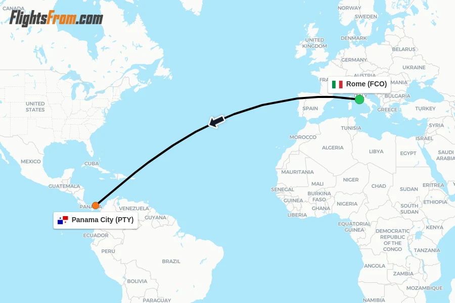 Flights from Rome to Panama City route map