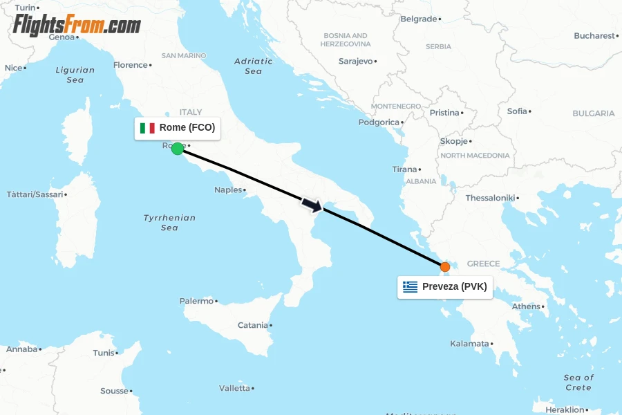 Flights from Rome to Preveza route map