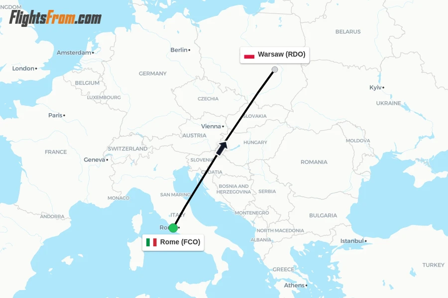 Flights from Rome to Warsaw route map