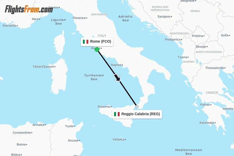 Flights from Rome to Reggio Calabria route map