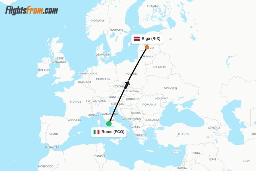 Flights from Rome to Riga route map