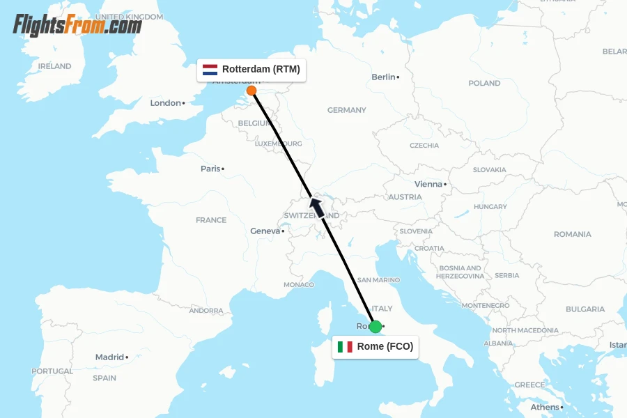 Flights from Rome to Rotterdam route map