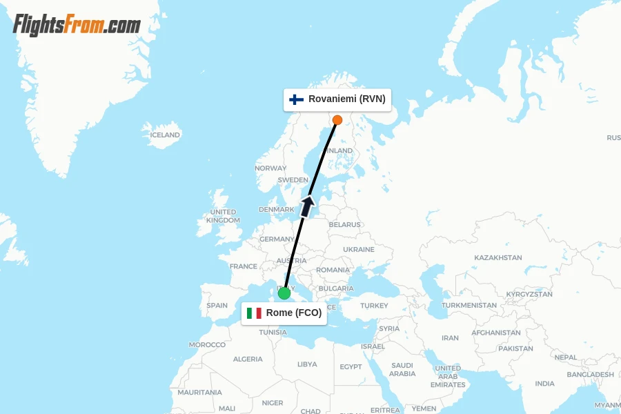 Flights from Rome to Rovaniemi route map