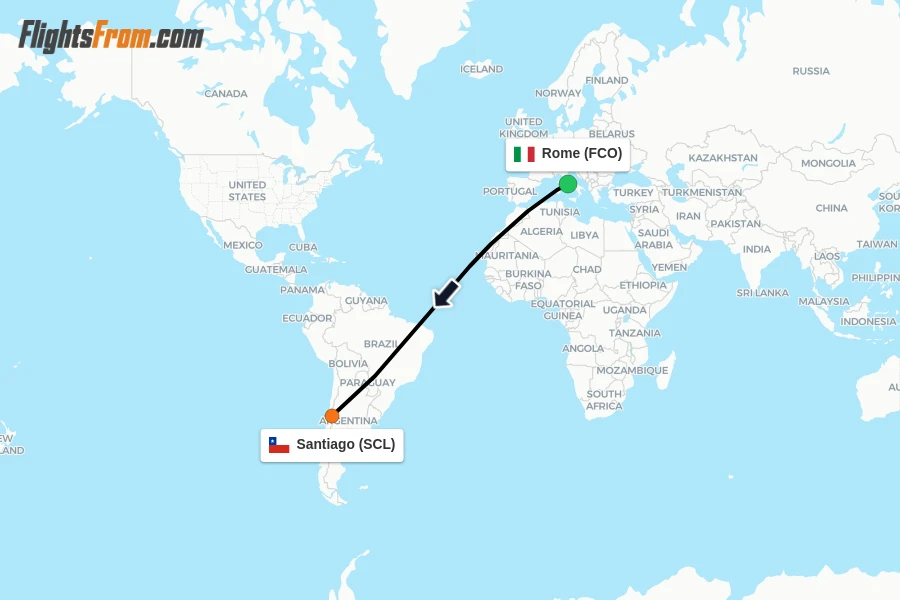 Flights from Rome to Santiago route map