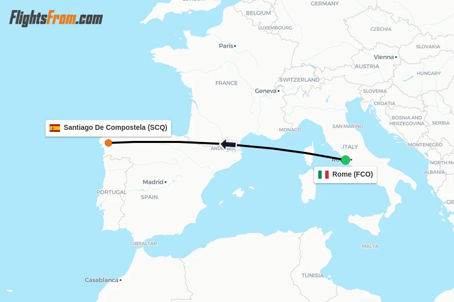 Flights from Rome to Santiago De Compostela route map