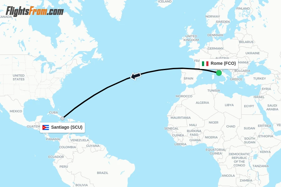 Flights from Rome to Santiago route map