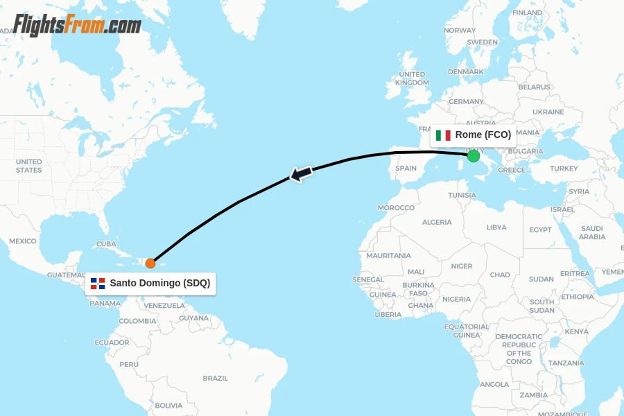 Flights from Rome to Santo Domingo route map