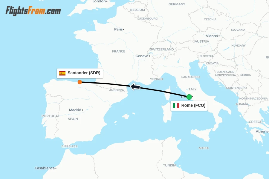 Flights from Rome to Santander route map