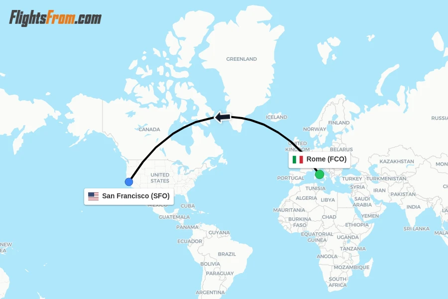Flights from Rome to San Francisco route map