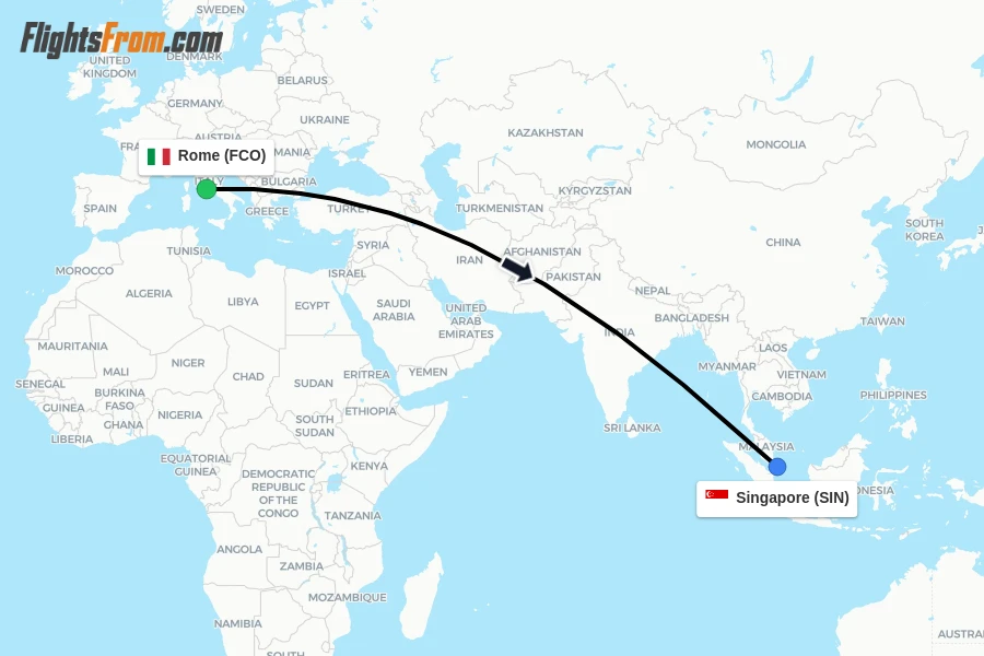 Flights from Rome to Singapore route map
