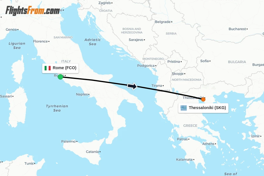 Flights from Rome to Thessaloniki route map