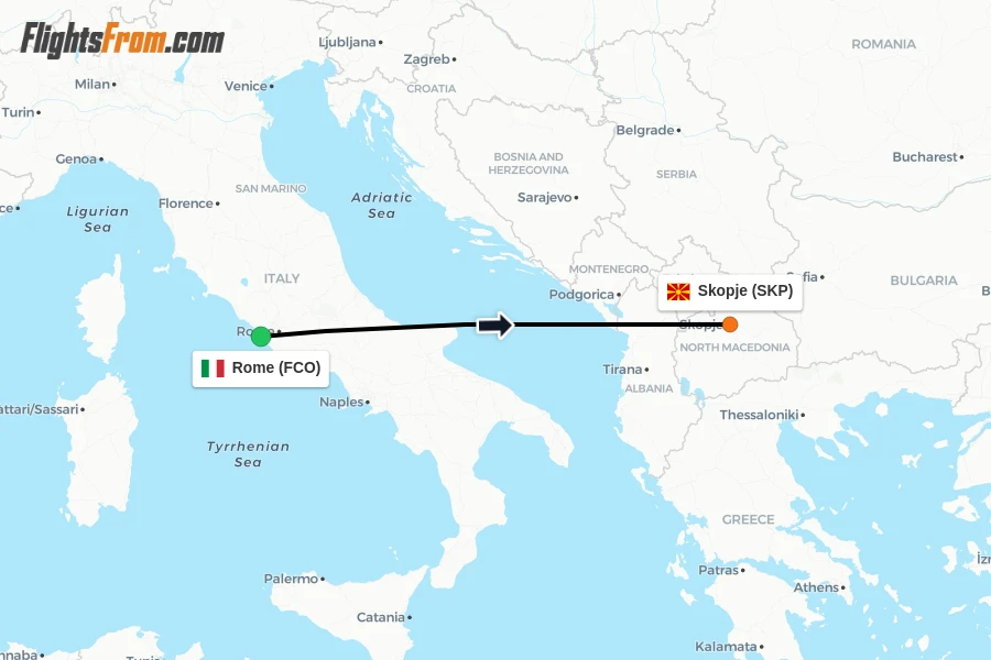 Flights from Rome to Skopje route map