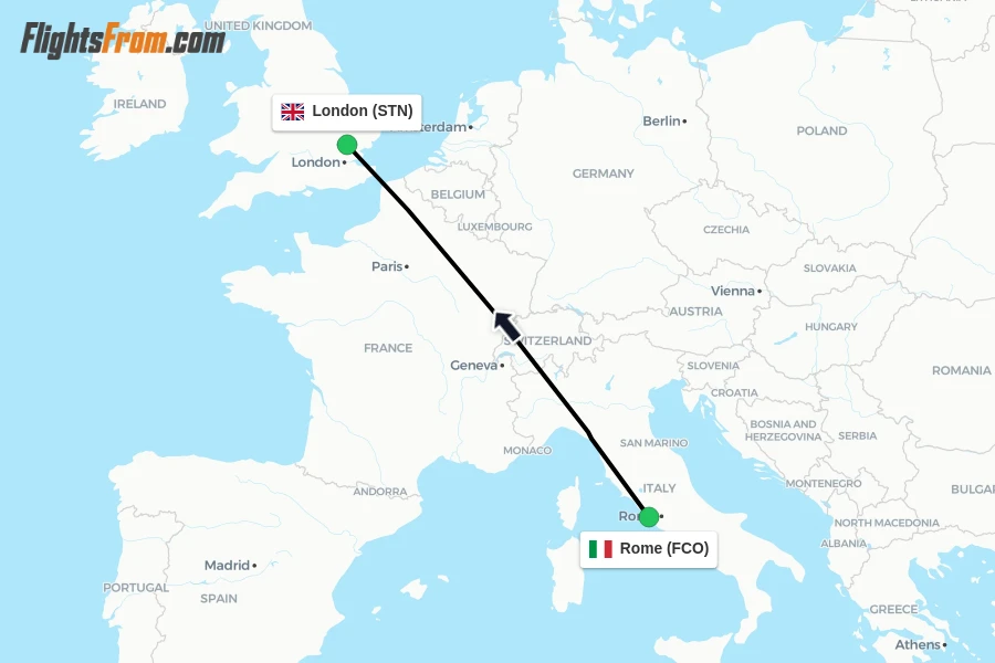 Flights from Rome to London route map