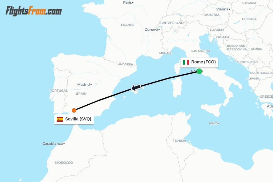 Flights from Rome to Sevilla route map