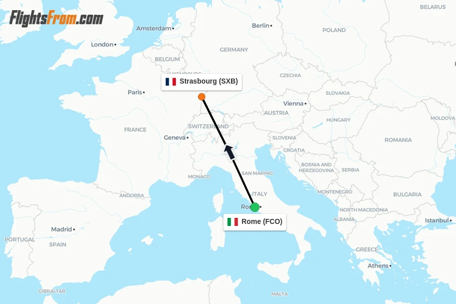 Flights from Rome to Strasbourg route map