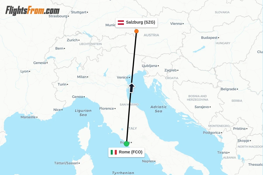 Flights from Rome to Salzburg route map