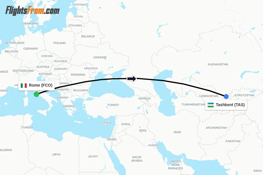 Flights from Rome to Tashkent route map