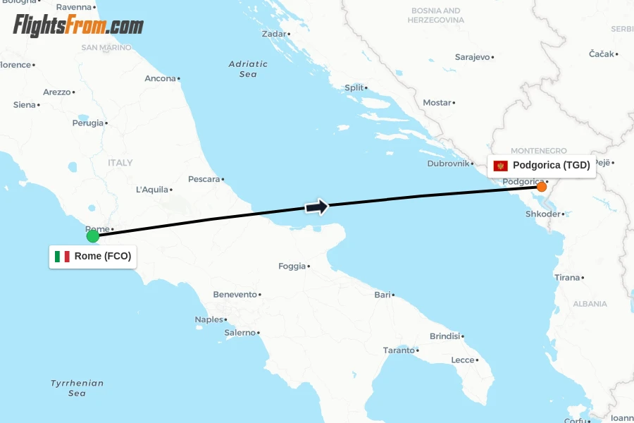 Flights from Rome to Podgorica route map