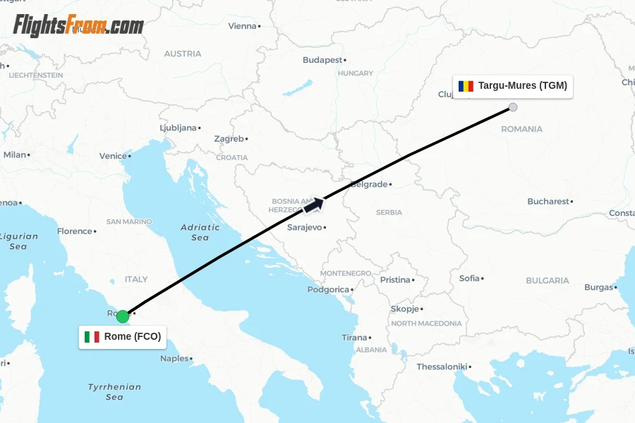 Flights from Rome to Targu-Mures route map