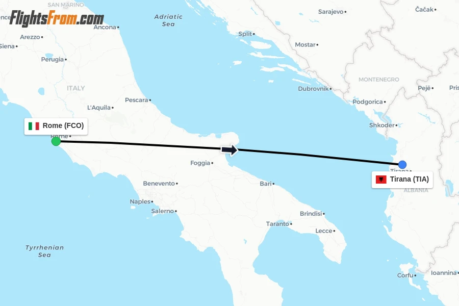 Flights from Rome to Tirana route map