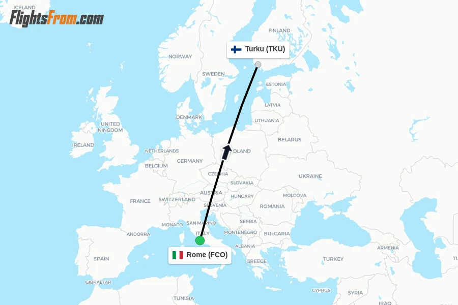 Flights from Rome to Turku route map