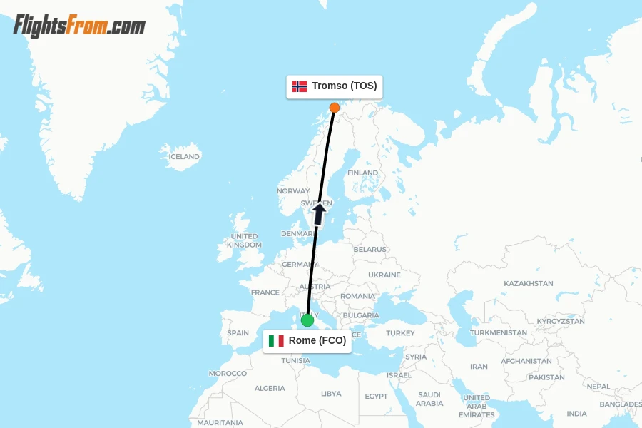 Flights from Rome to Tromso route map