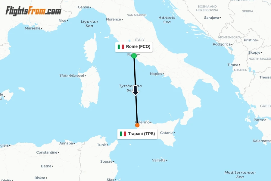 Flights from Rome to Trapani route map