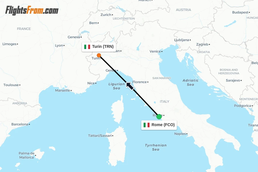 Flights from Rome to Turin route map
