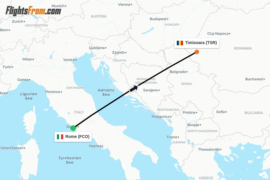 Flights from Rome to Timisoara route map