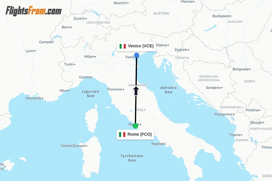 Flights from Rome to Venice route map